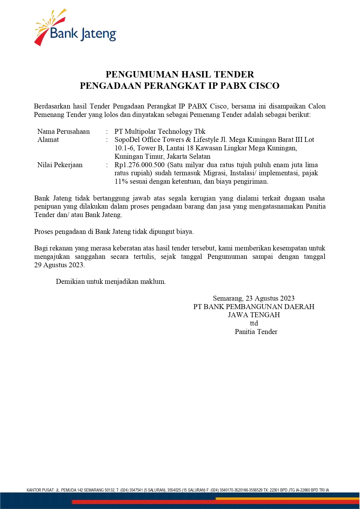 Pengumuman Hasil Tender Pengadaan Perangkat Ip Pabx Cisco Bank Jateng