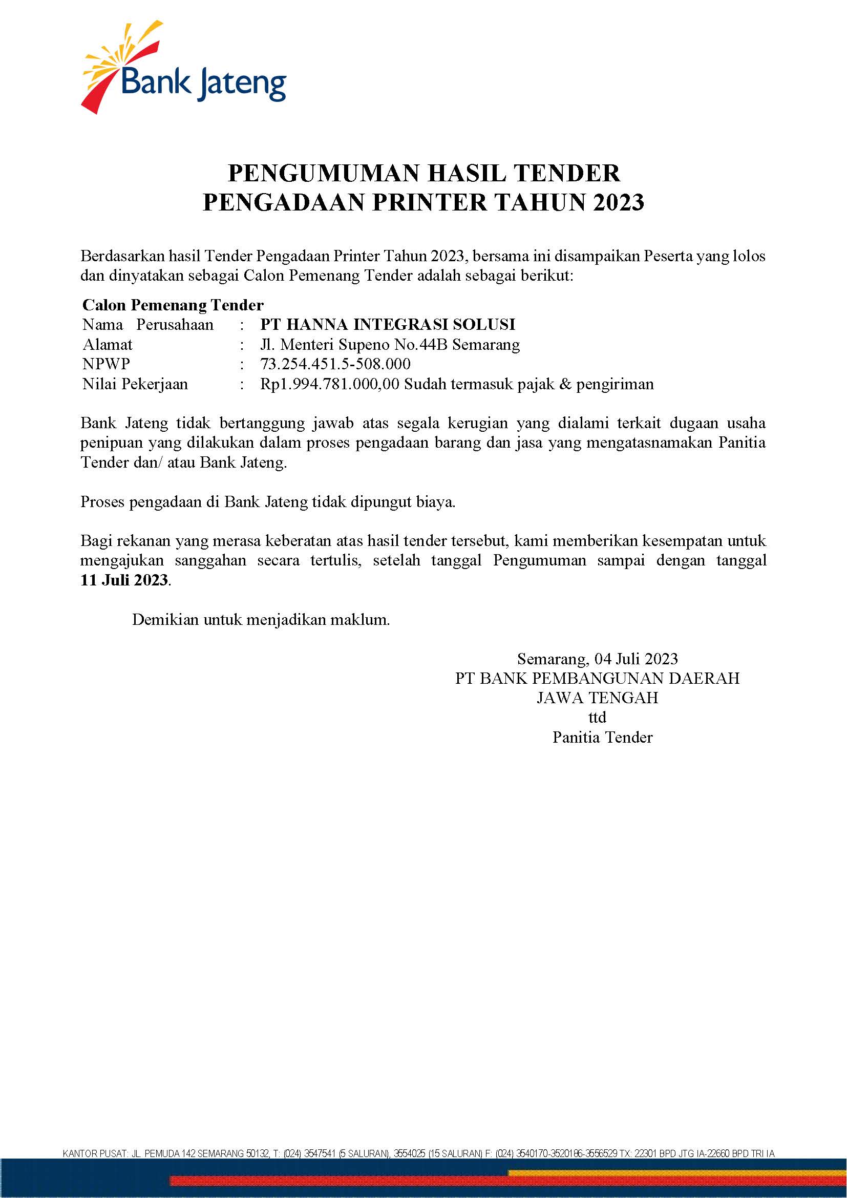 Pengumuman Hasil Tender Pengadaan Printer Tahun 2023 - Bank Jateng